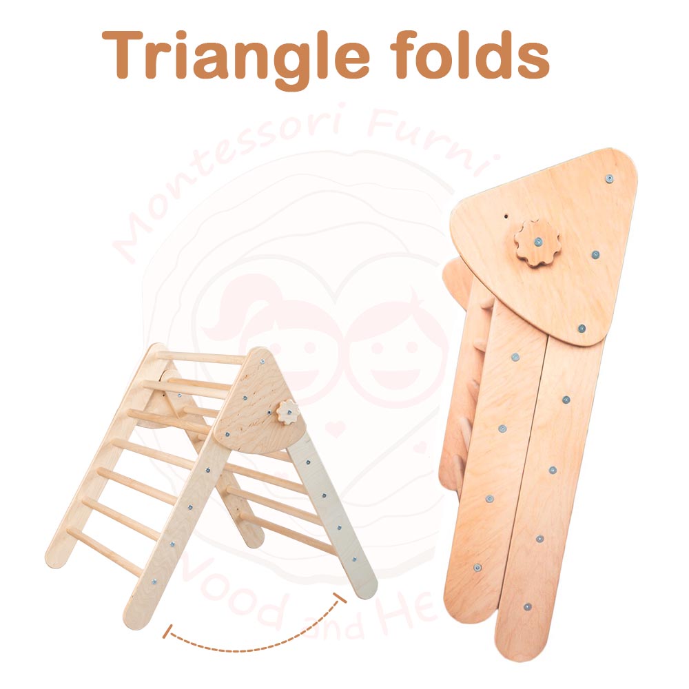 Wood and Hearts Eco-Friendly Wooden Montessori Climbing 3-in-1 Set | Foldable Triangle, Climbing Arch, Rocker Board
