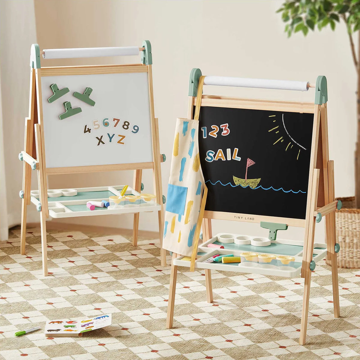 Tiny Land® Magnitales Wooden Art Easel for Kids – Double-Sided Magnetic Chalkboard & Whiteboard, Adjustable, Ages 3–8