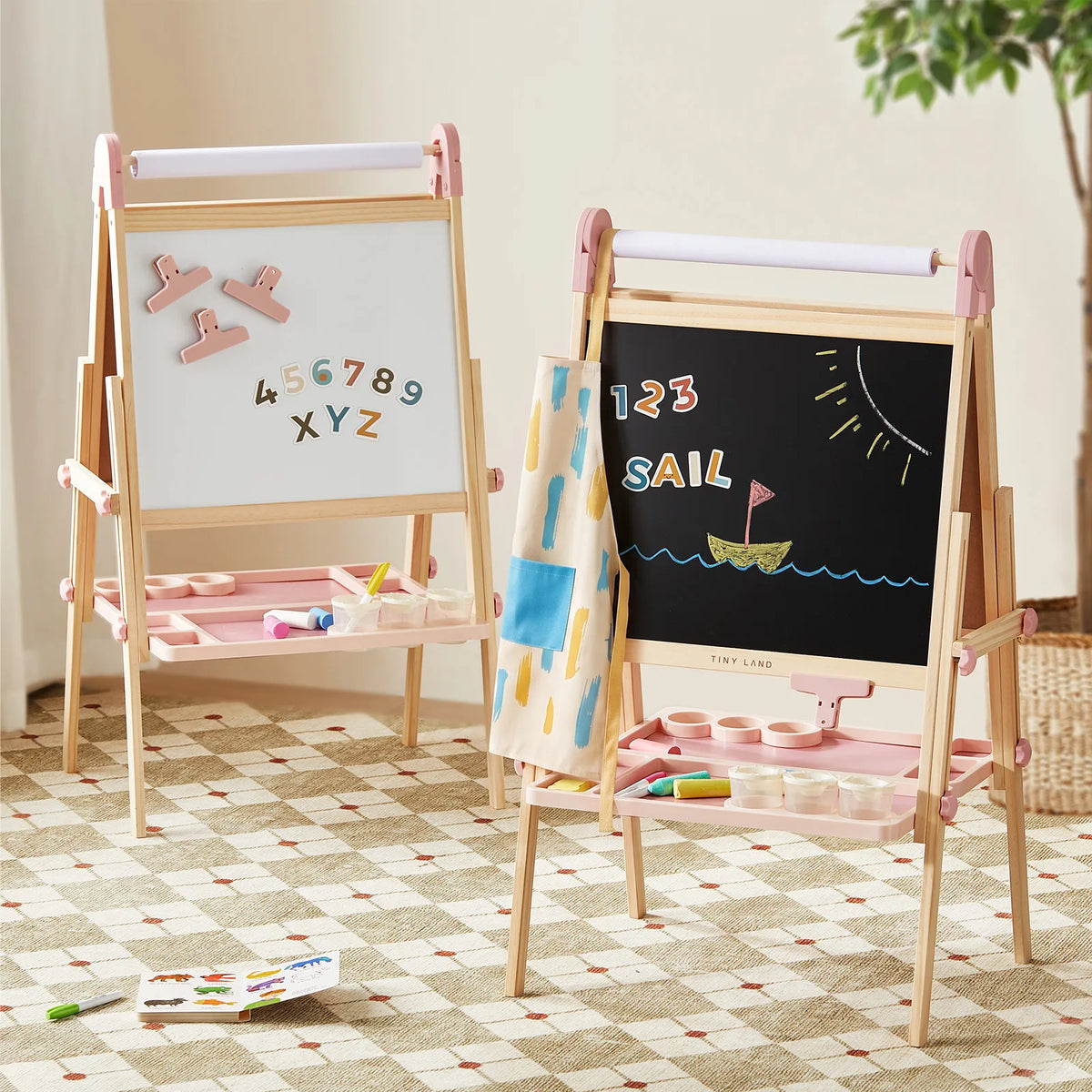Tiny Land® Magnitales Wooden Art Easel for Kids – Double-Sided Magnetic Chalkboard & Whiteboard, Adjustable, Ages 3–8