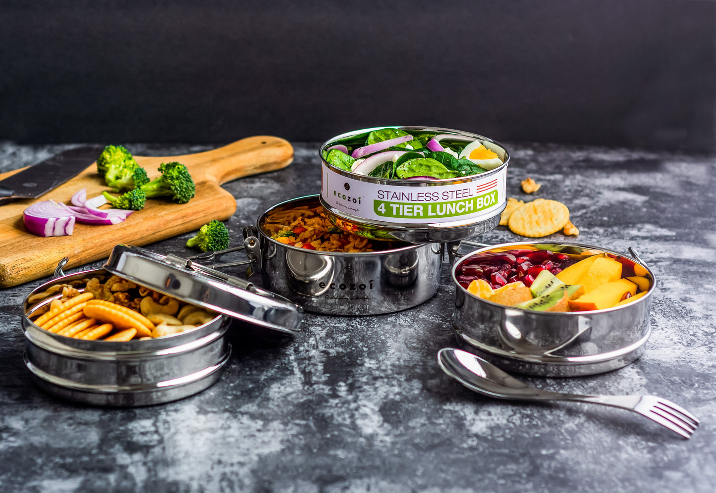 Stainless Steel Lunch Box, 4 Tier Round with Spork, 55 Oz