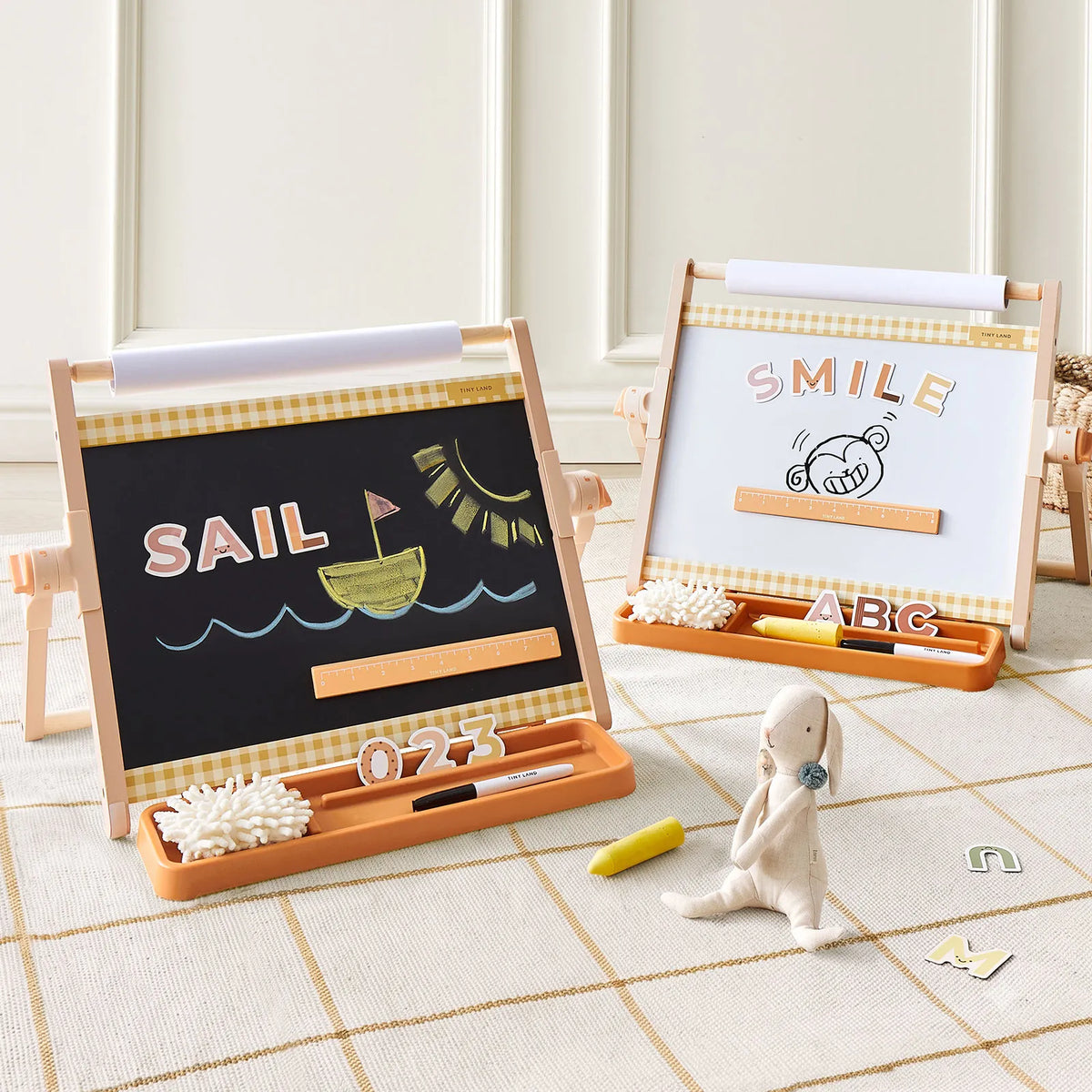 Tiny Land® Double-Sided Magnetic Tabletop Easel – Whiteboard, Chalkboard & Paper Roll with Letter Magnets, Ages 3+