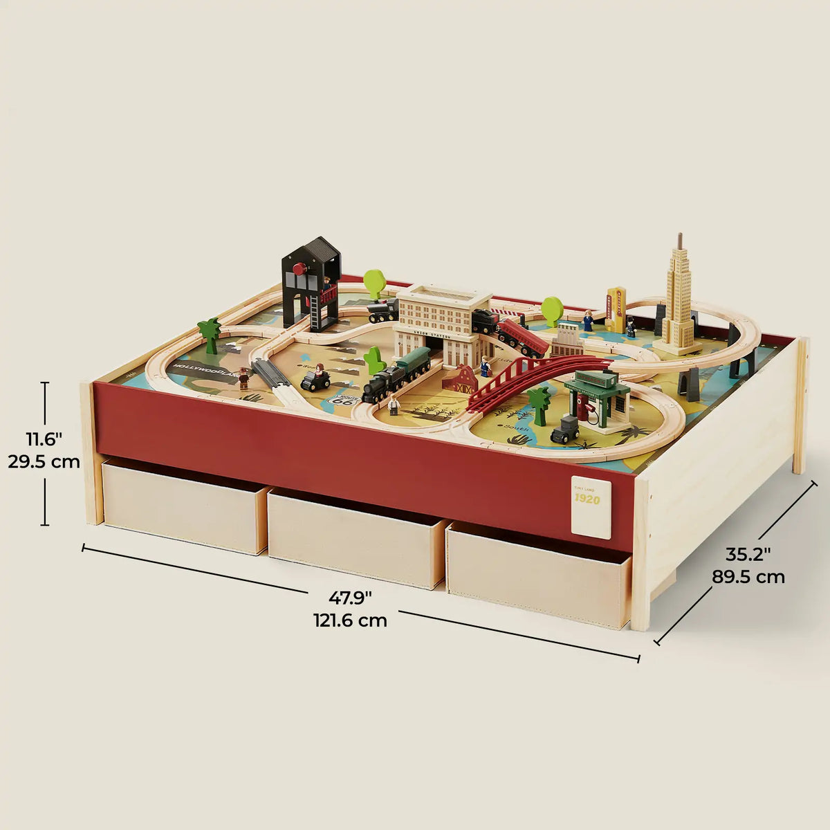 Tiny Land 1920 Railway Adventure Wooden Train Table – 102-Piece Train Set with Storage