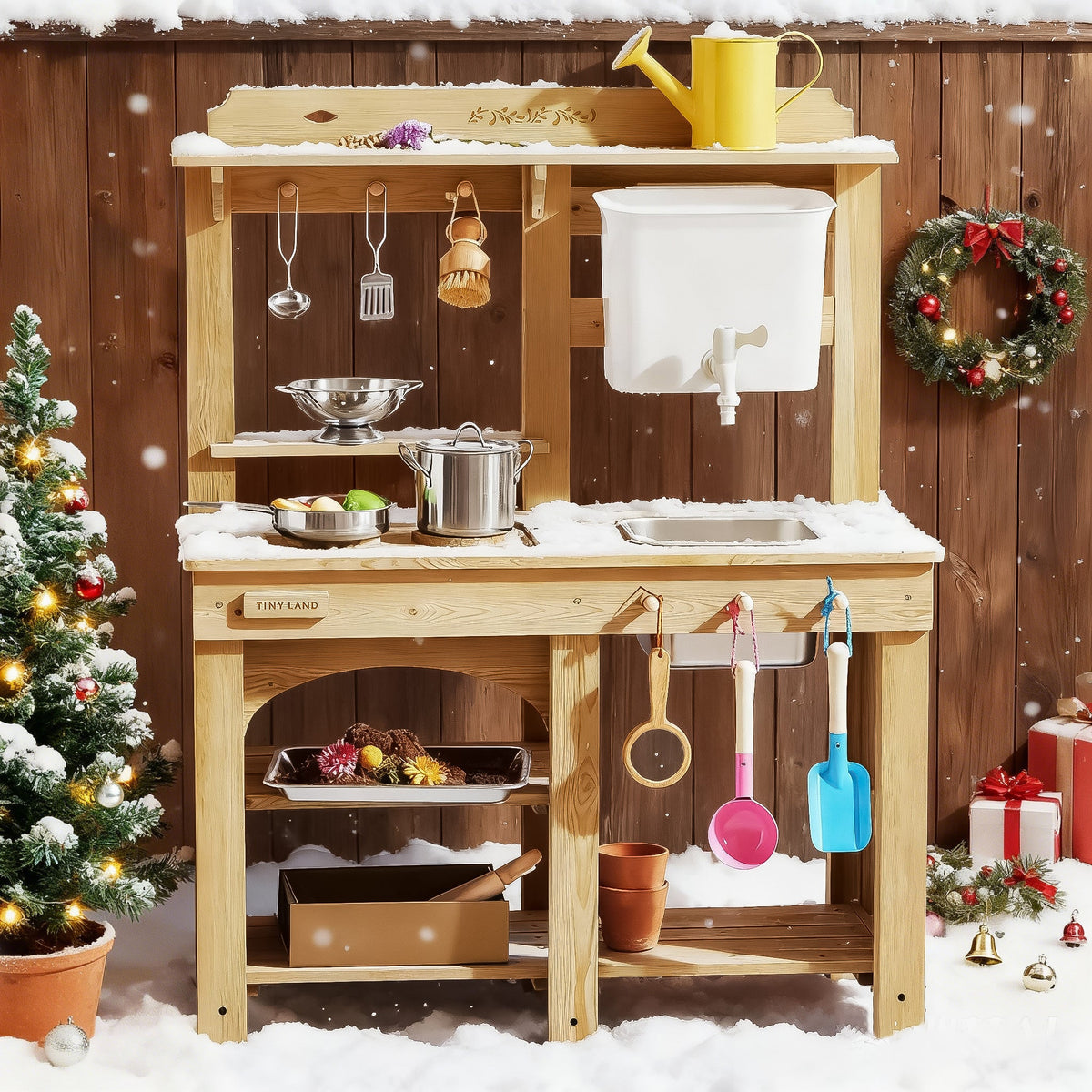 Tiny Land DuoPlay Mud Kitchen – Outdoor Wooden Play Kitchen with Water Tank