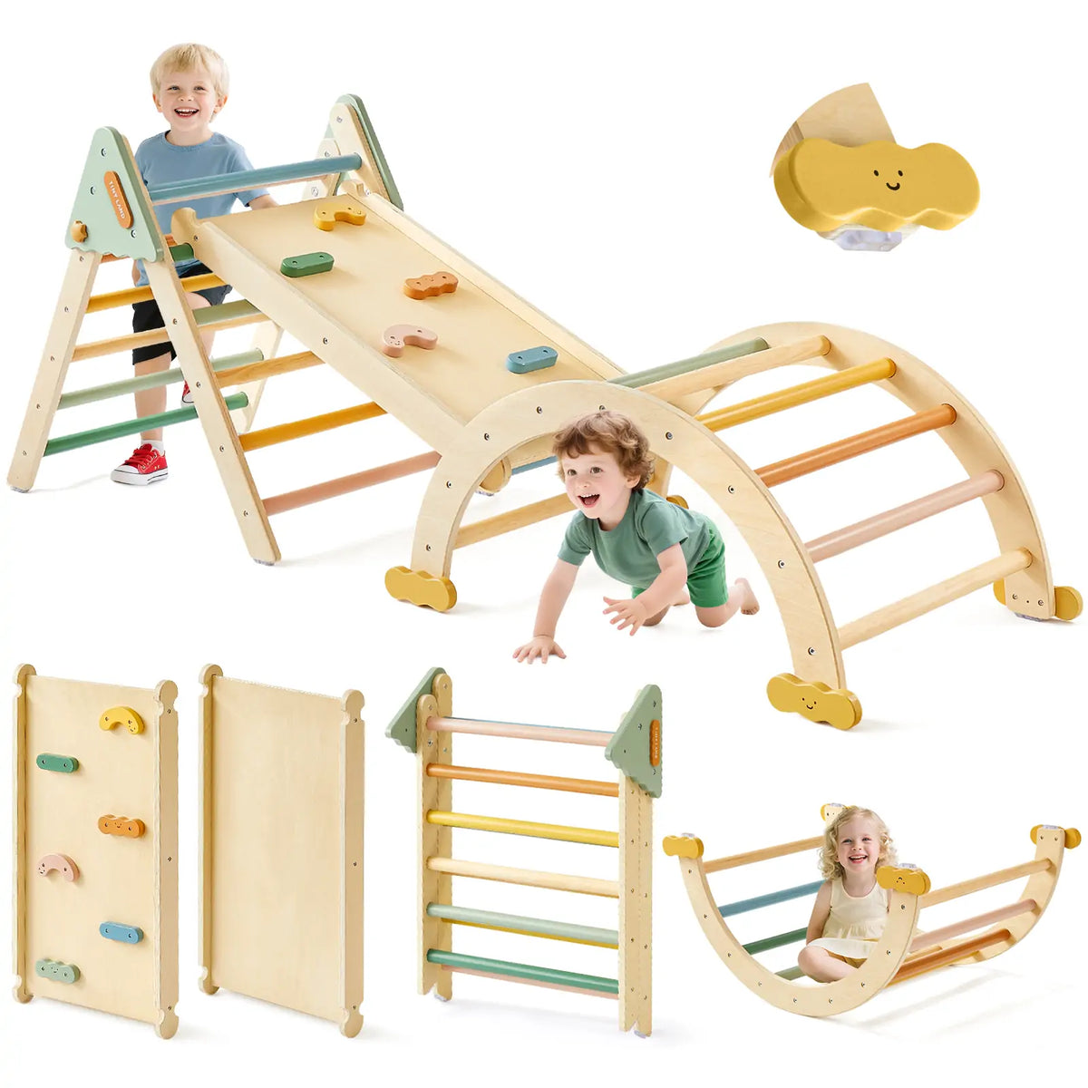 Tiny Land 7-in-1 Morandi Pikler Triangle Set – Foldable Wooden Montessori Climber