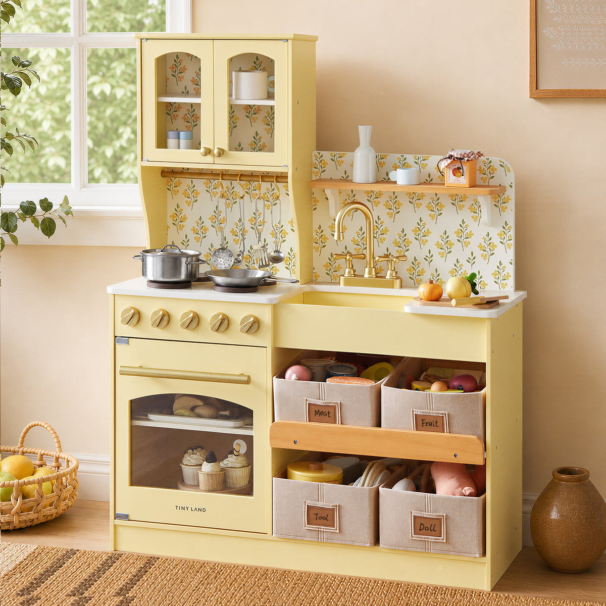 Tiny Land Wooden Play Kitchen with Storage – Cottage-Style Toddler Kitchen