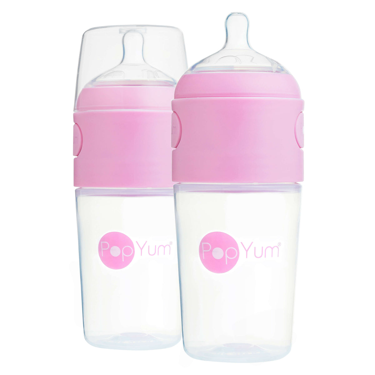 PopYum 9oz Anti-Colic Formula-Making Baby Bottles, 2-Pack – Pink, #2 Medium Flow Nipples