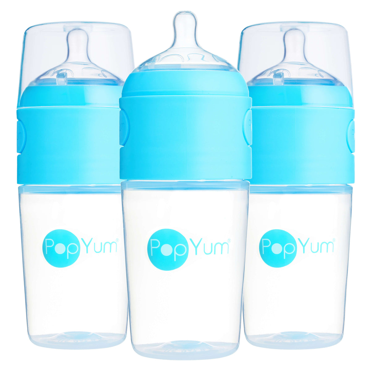PopYum 9oz Anti-Colic Formula-Making Baby Bottles, 3-Pack – Blue, #2 Medium Flow Nipples
