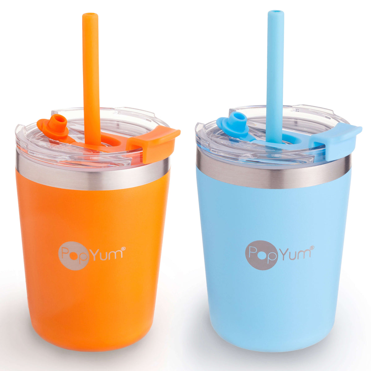 PopYum 9oz Insulated Stainless Steel Kids' Cups with Straw, 2-Pack – Orange & Sky Blue