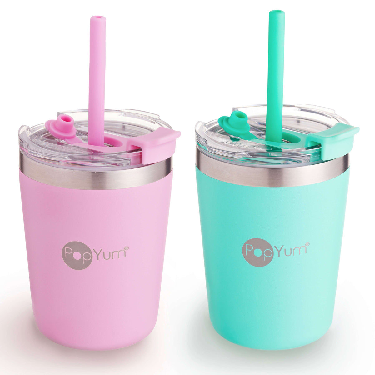 PopYum 9oz Insulated Stainless Steel Kids' Cups with Straw, 2-Pack – Mint Green & Pastel Pink