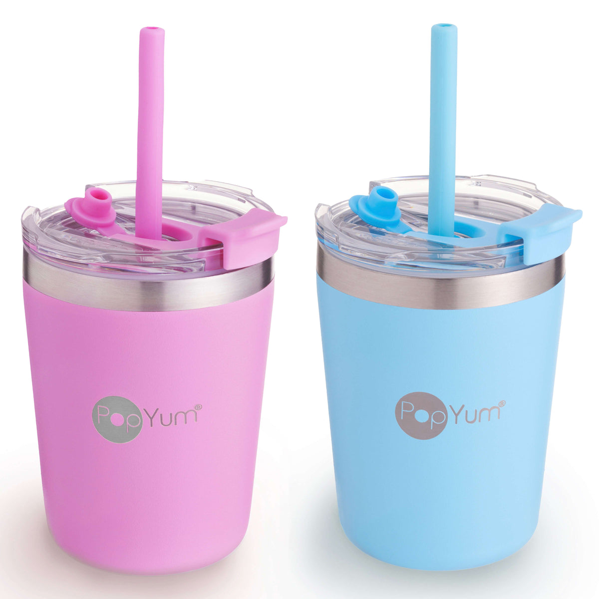 PopYum 9oz Insulated Stainless Steel Kids' Cups with Straw, 2-Pack – Sky Blue & Orchid Pink
