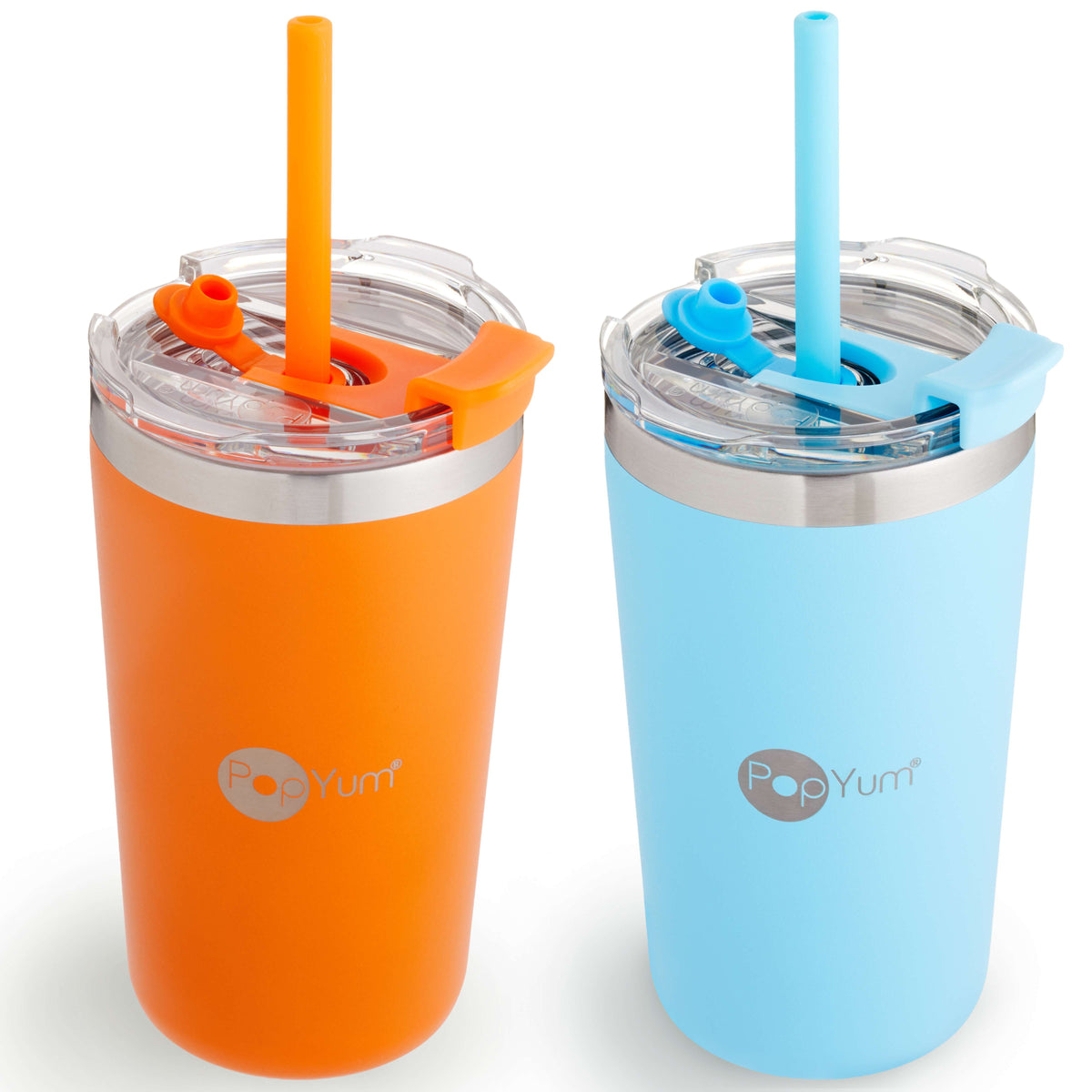 PopYum 13oz Insulated Stainless Steel Kids' Cups with Straw, 2-Pack – Orange & Sky Blue