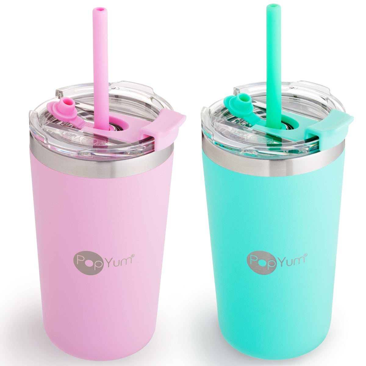 PopYum 13oz Insulated Stainless Steel Kids' Cups with Straw, 2-Pack – Mint Green & Pastel Pink