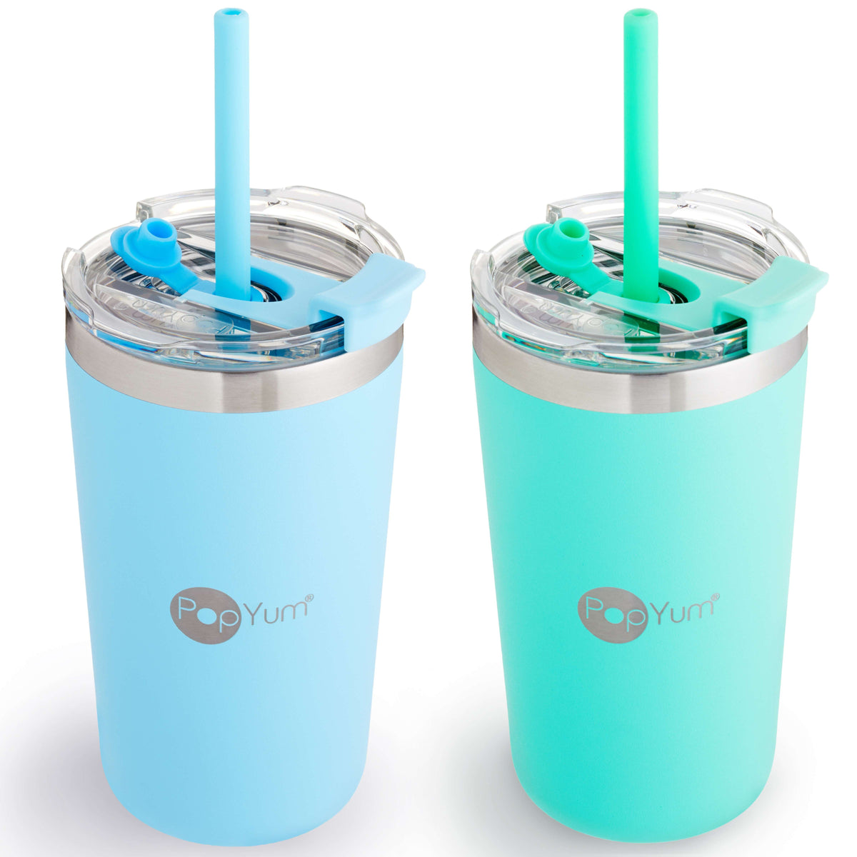 PopYum 13oz Insulated Stainless Steel Kids' Cups with Straw, 2-Pack – Sky Blue & Mint Green