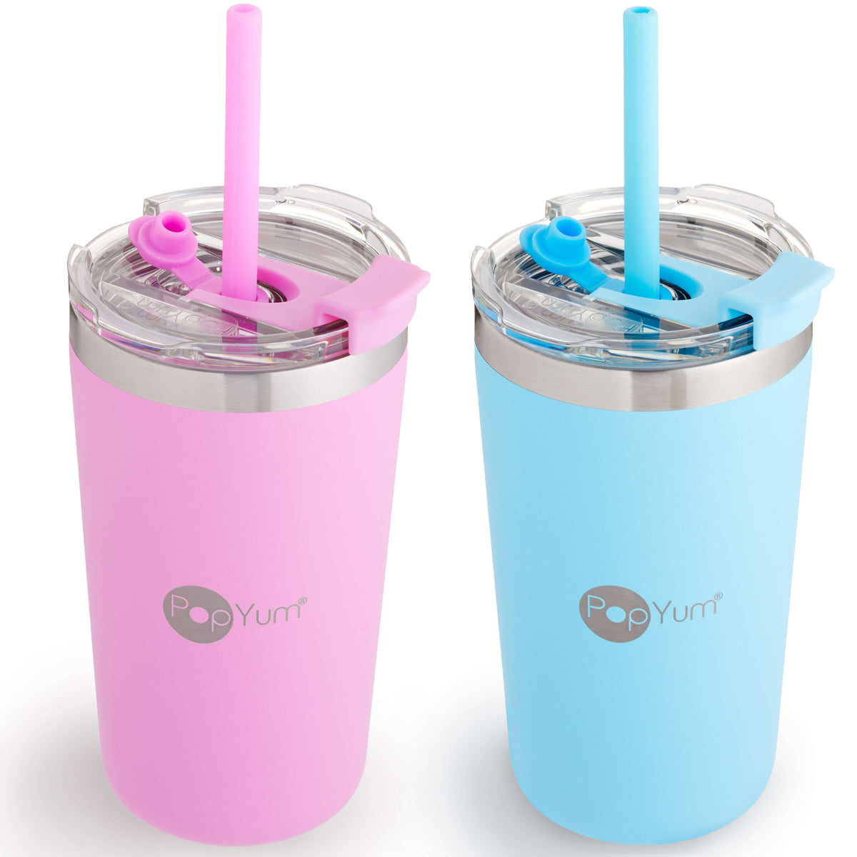 PopYum 13oz Insulated Stainless Steel Kids' Cups with Straw, 2-Pack – Sky Blue & Orchid Pink