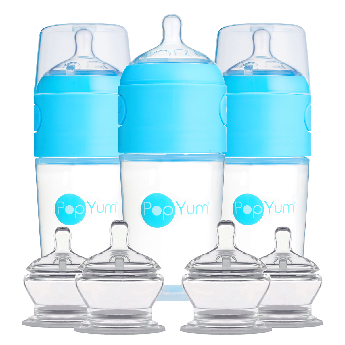 PopYum 7-Piece Baby Bottle Bundle – Blue 9oz 3-Pack + Stage 3 & 4 Nipples