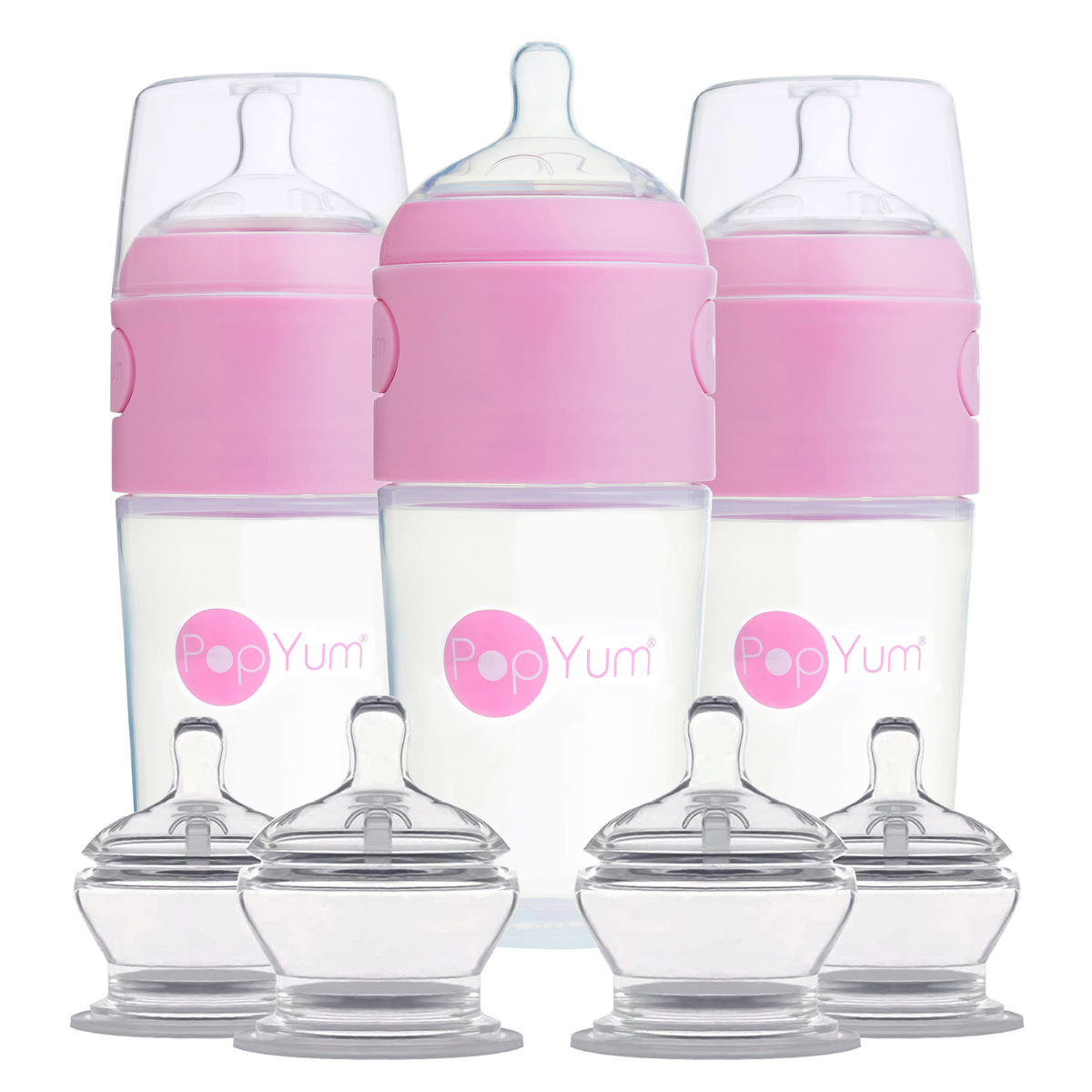PopYum 7-Piece Baby Bottle Bundle – Pink 9oz 3-Pack + Stage 3 & 4 Nipples