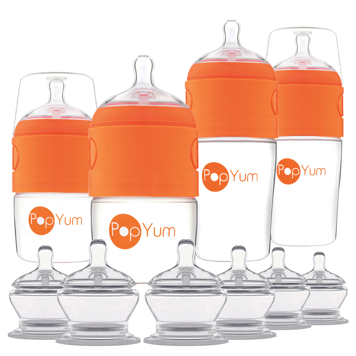 PopYum 10-Piece Baby Bottle Starter Bundle – Orange 4-Bottle Set + Stage 1, 2 & 3 Nipples