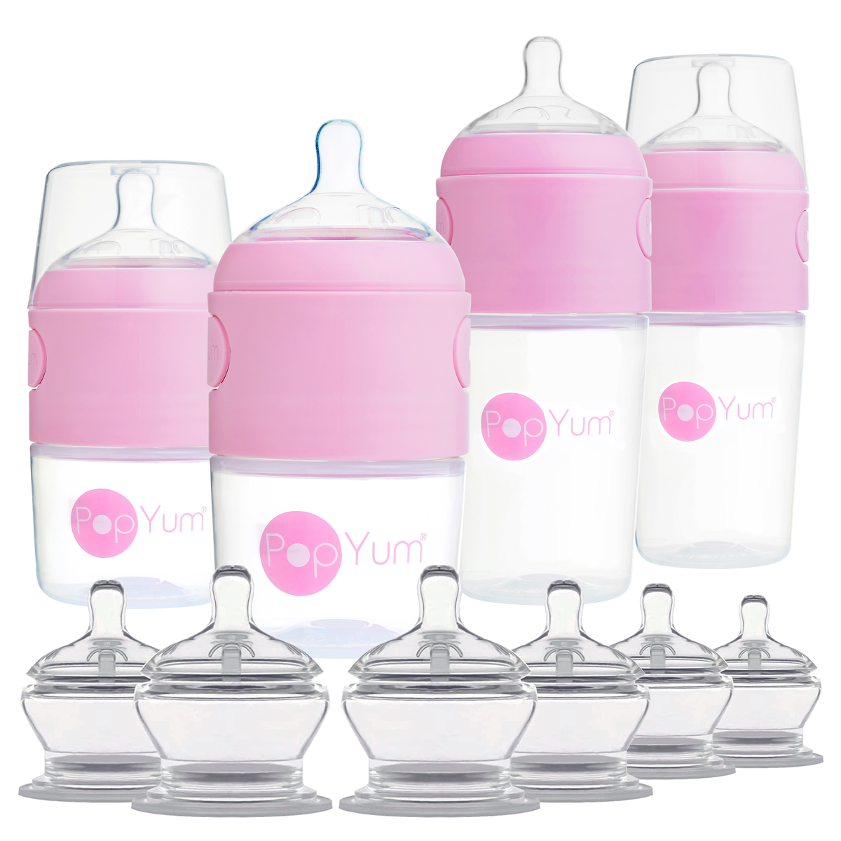 PopYum 10-Piece Baby Bottle Starter Bundle – Pink 4-Bottle Set + Stage 1, 2 & 3 Nipples