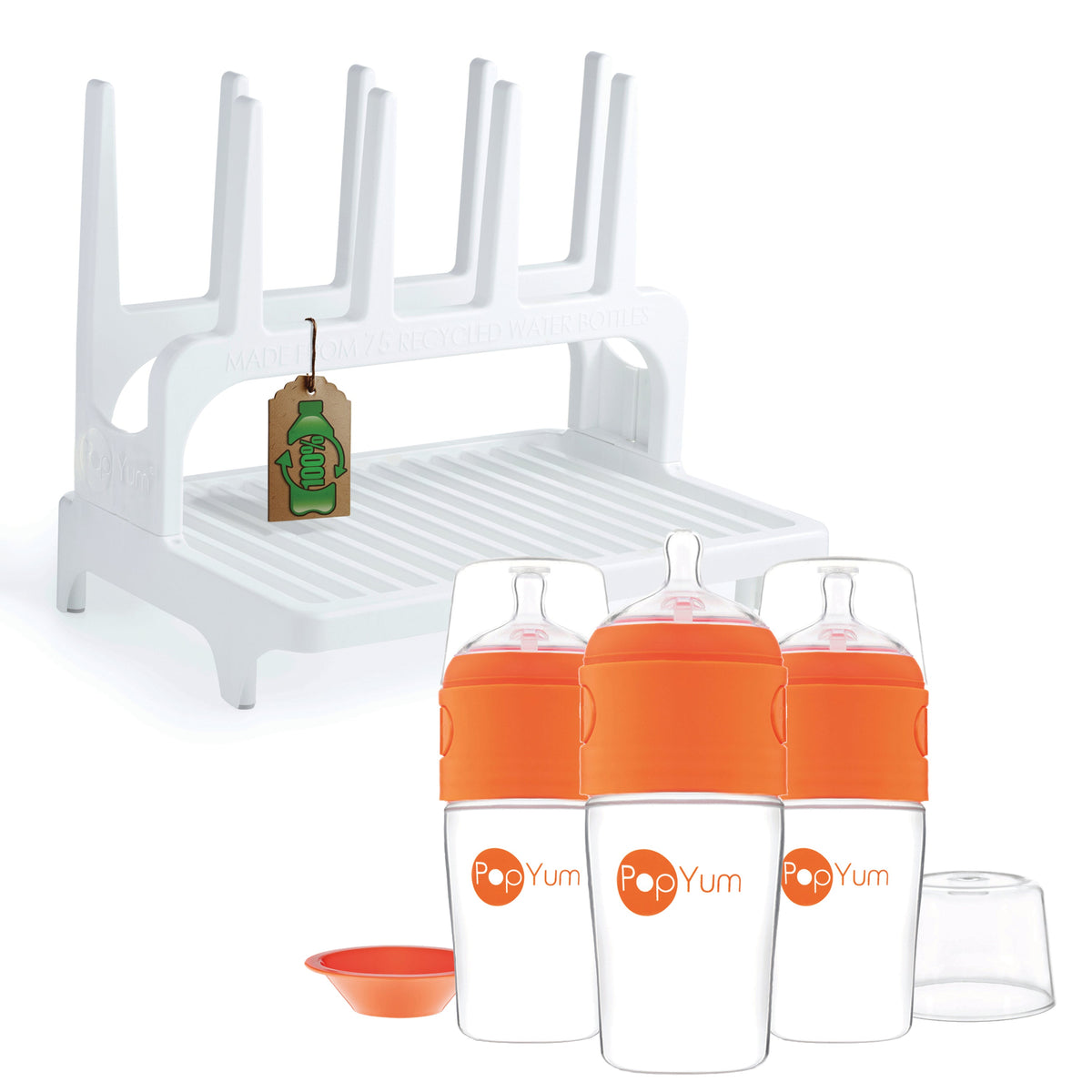 PopYum 9oz Formula-Making Baby Bottle 3-Pack with White Drying Rack – Orange