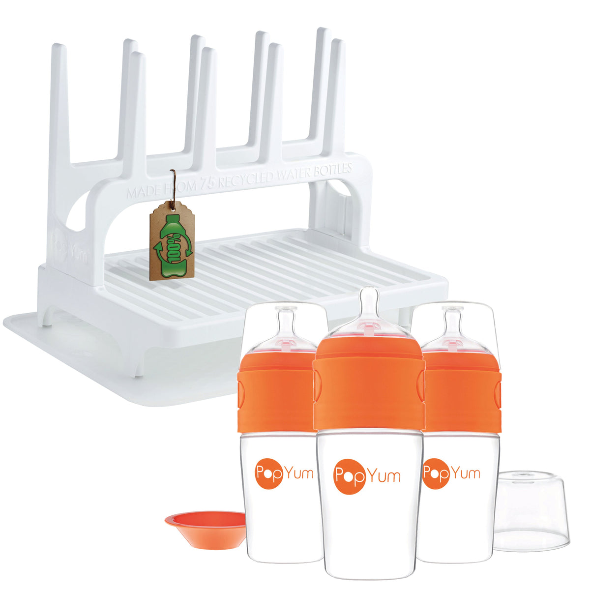 PopYum 9oz Formula-Making Baby Bottle 3-Pack with White Drying Rack & Silicone Mat – Orange