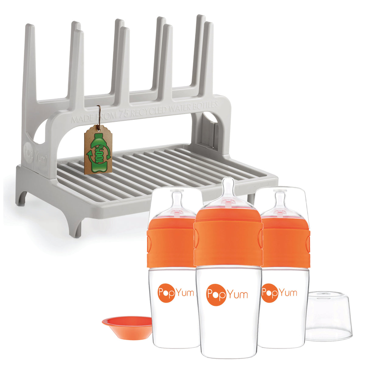 PopYum 9oz Formula-Making Baby Bottle 3-Pack with Gray Drying Rack – Orange
