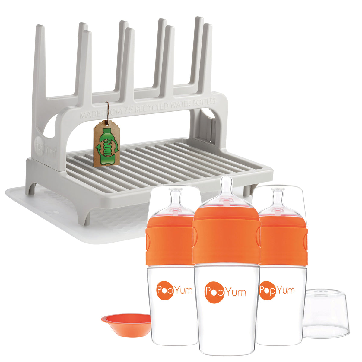 PopYum 9oz Formula-Making Baby Bottle 3-Pack with Gray Drying Rack & Silicone Mat – Orange