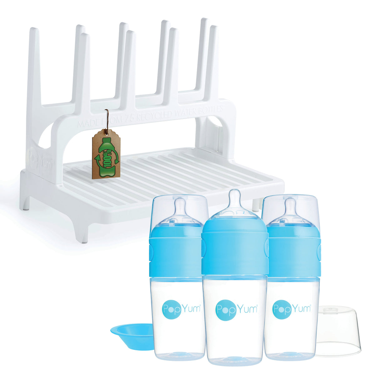 PopYum 9oz Formula-Making Baby Bottle 3-Pack with White Drying Rack – Blue