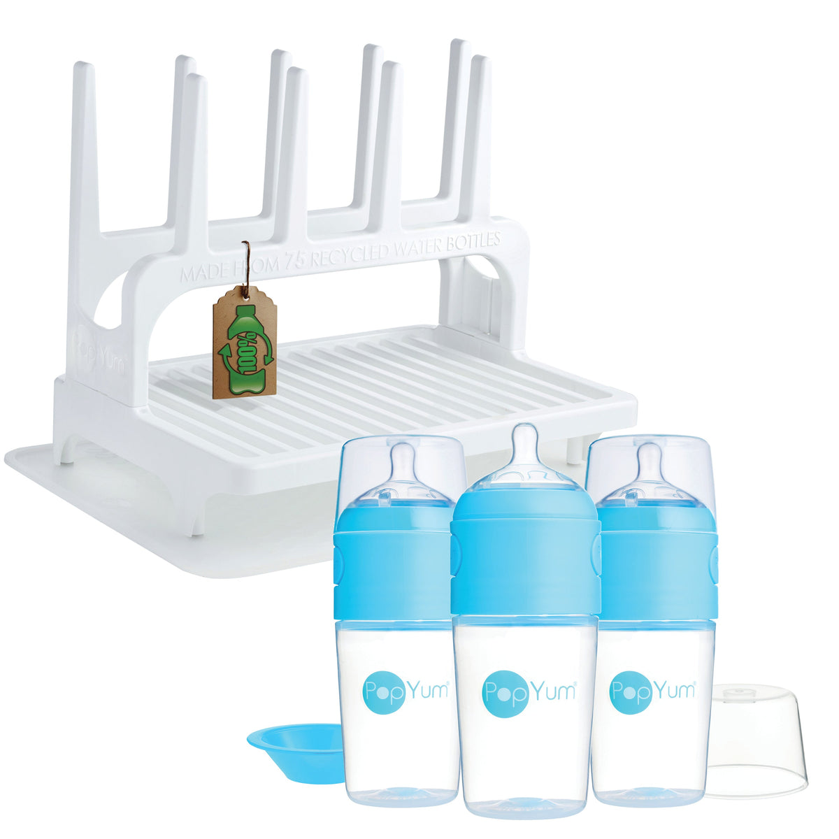 PopYum 9oz Formula-Making Baby Bottle 3-Pack with White Drying Rack & Silicone Mat – Blue