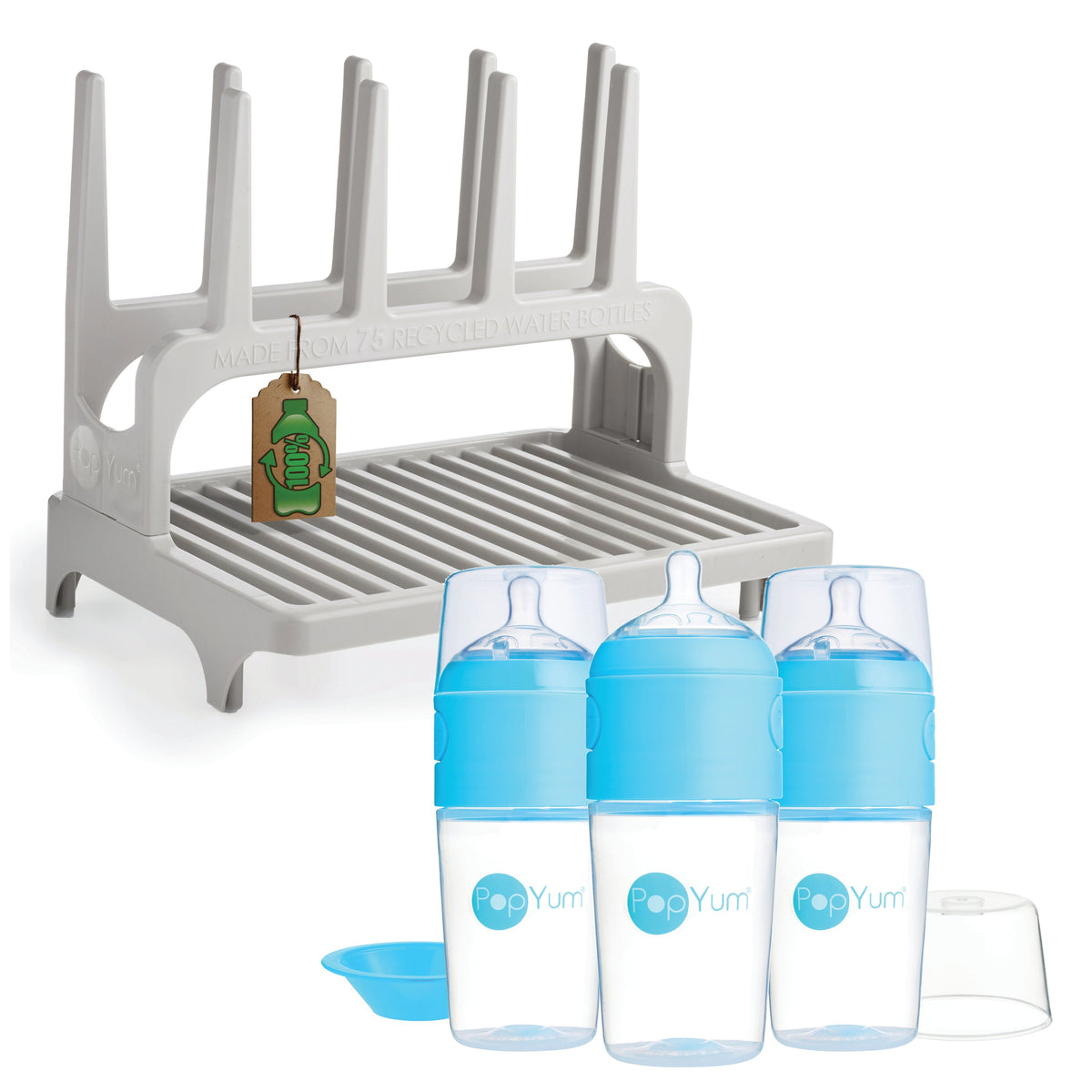 PopYum 9oz Formula-Making Baby Bottle 3-Pack with Gray Drying Rack – Blue