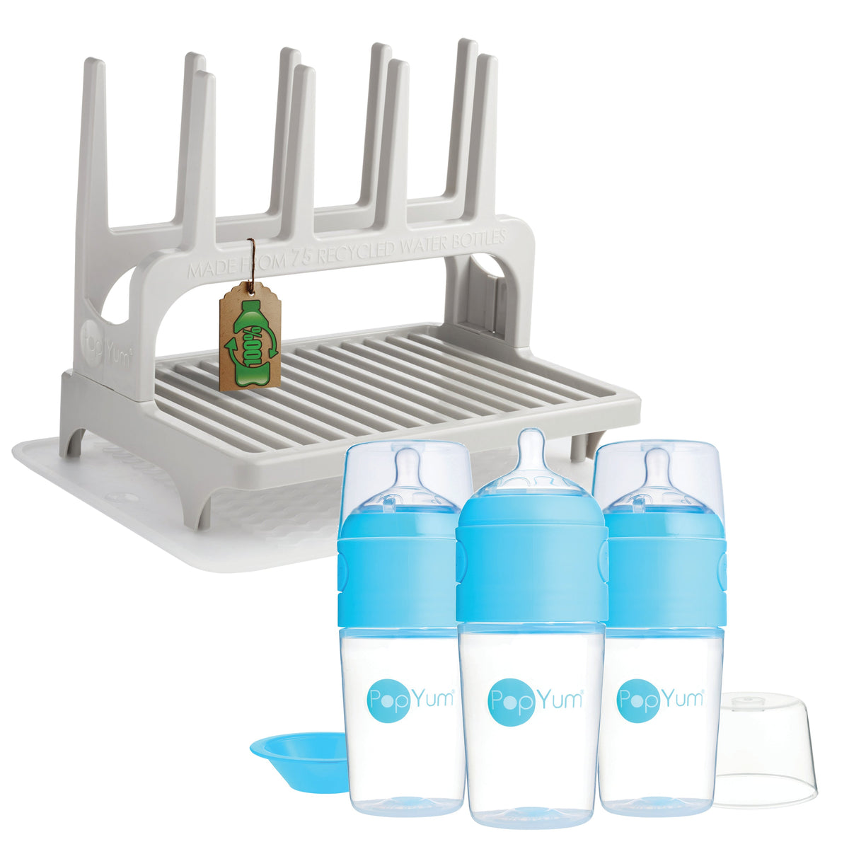 PopYum 9oz Formula-Making Baby Bottle 3-Pack with Gray Drying Rack & Silicone Mat – Blue