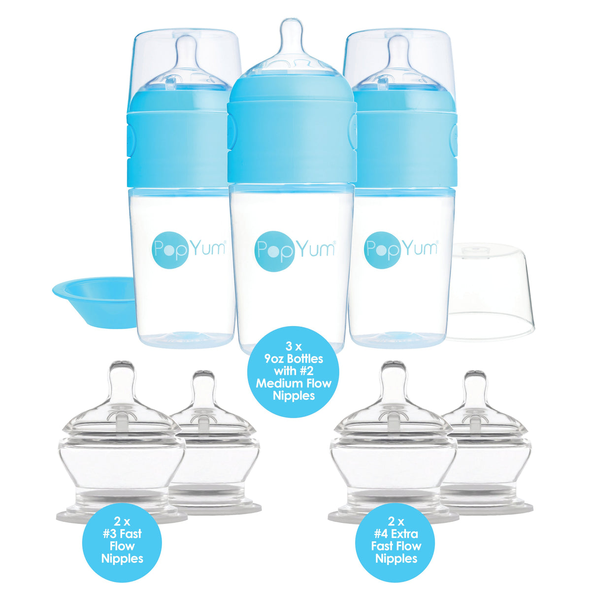 PopYum 7-Piece Baby Bottle Bundle – Blue 9oz 3-Pack + Stage 3 & 4 Nipples