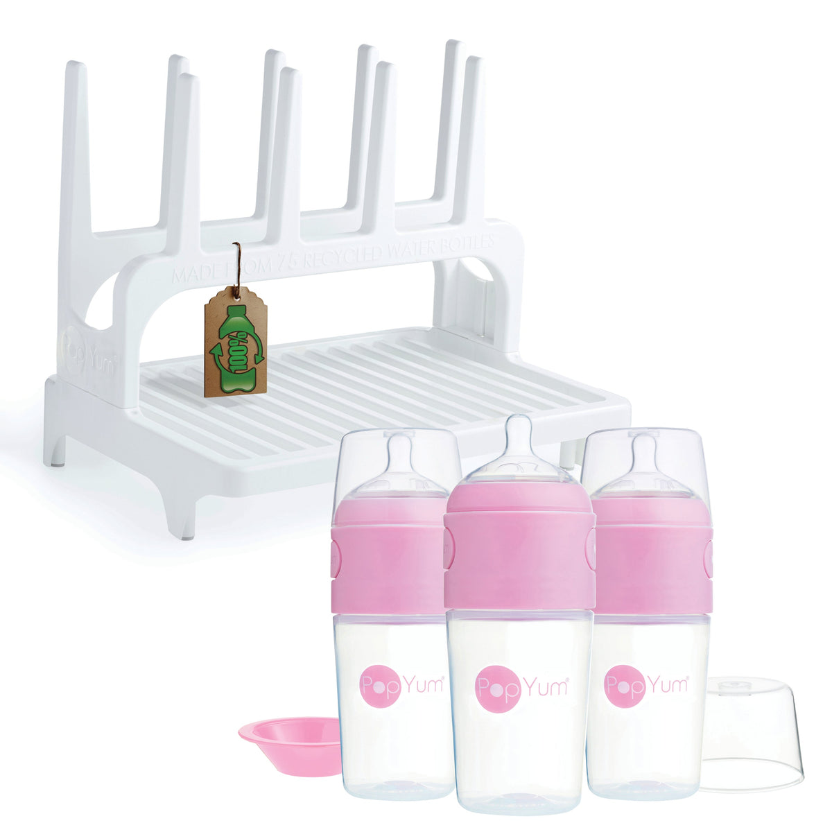 PopYum 9oz Formula-Making Baby Bottle 3-Pack with White Drying Rack – Pink