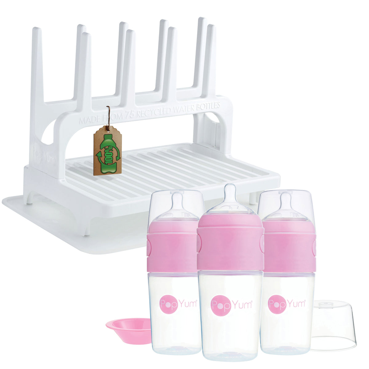 PopYum 9oz Formula-Making Baby Bottle 3-Pack with White Drying Rack & Silicone Mat – Pink