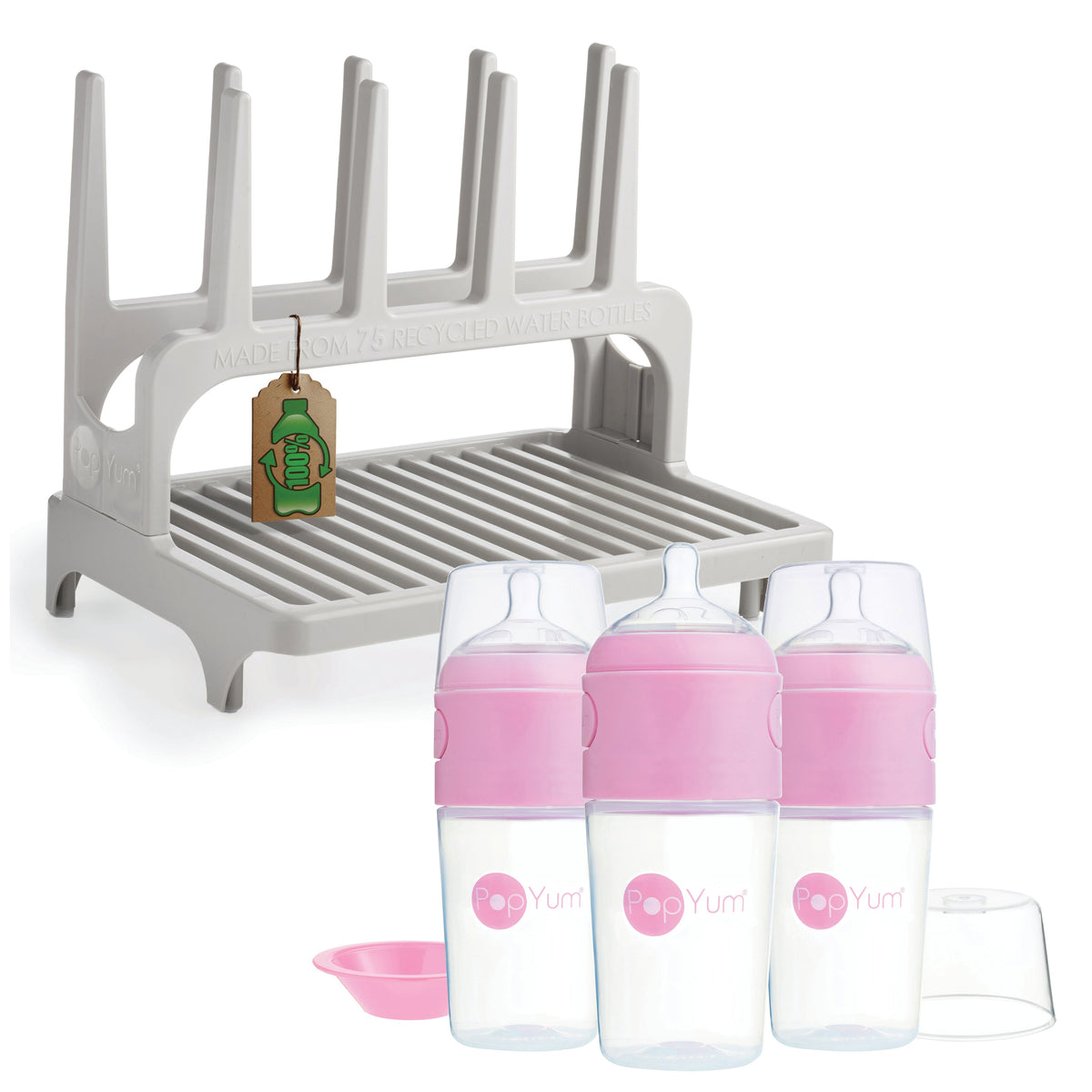 PopYum 9oz Formula-Making Baby Bottle 3-Pack with Gray Drying Rack – Pink