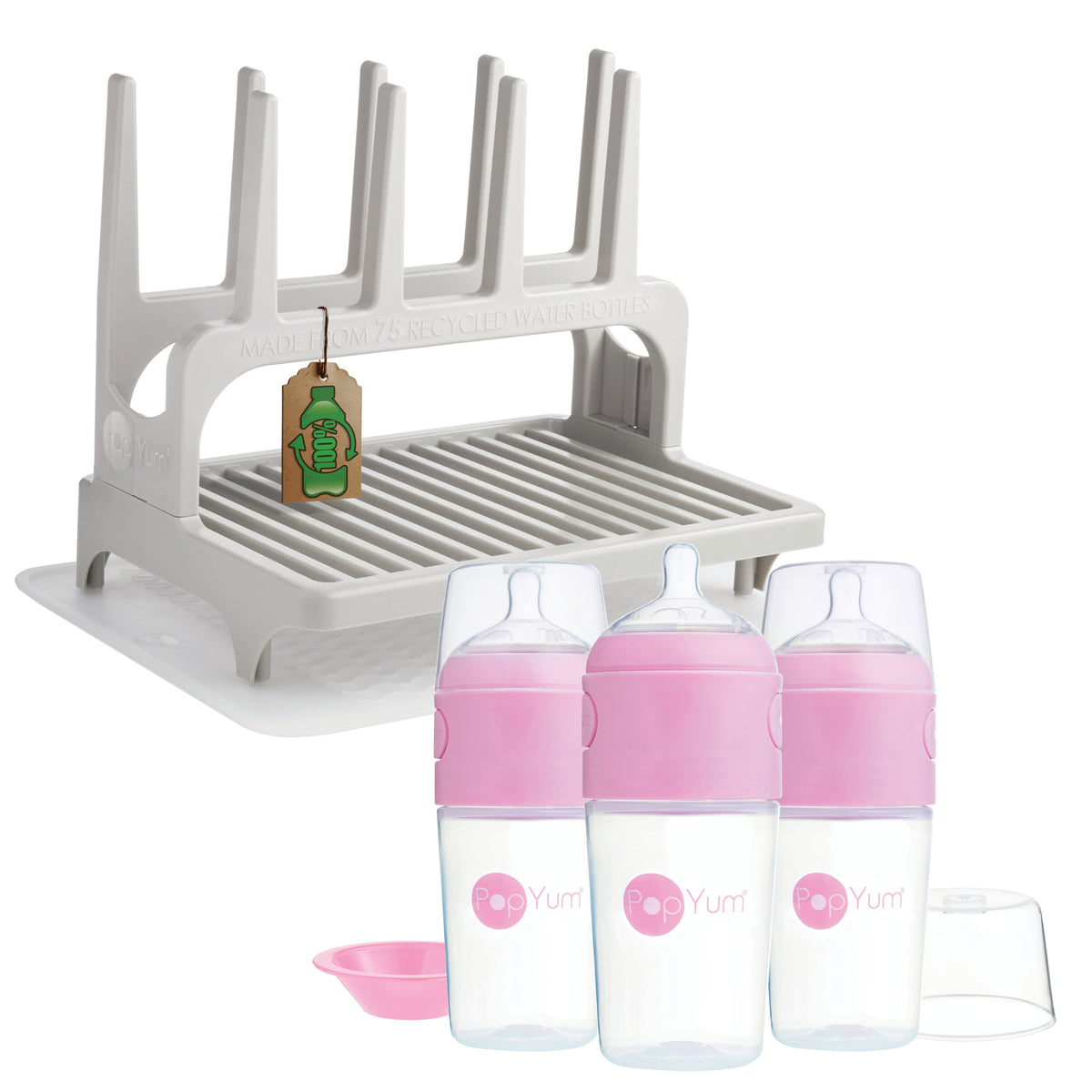 PopYum 9oz Formula-Making Baby Bottle 3-Pack with Gray Drying Rack & Silicone Mat – Pink
