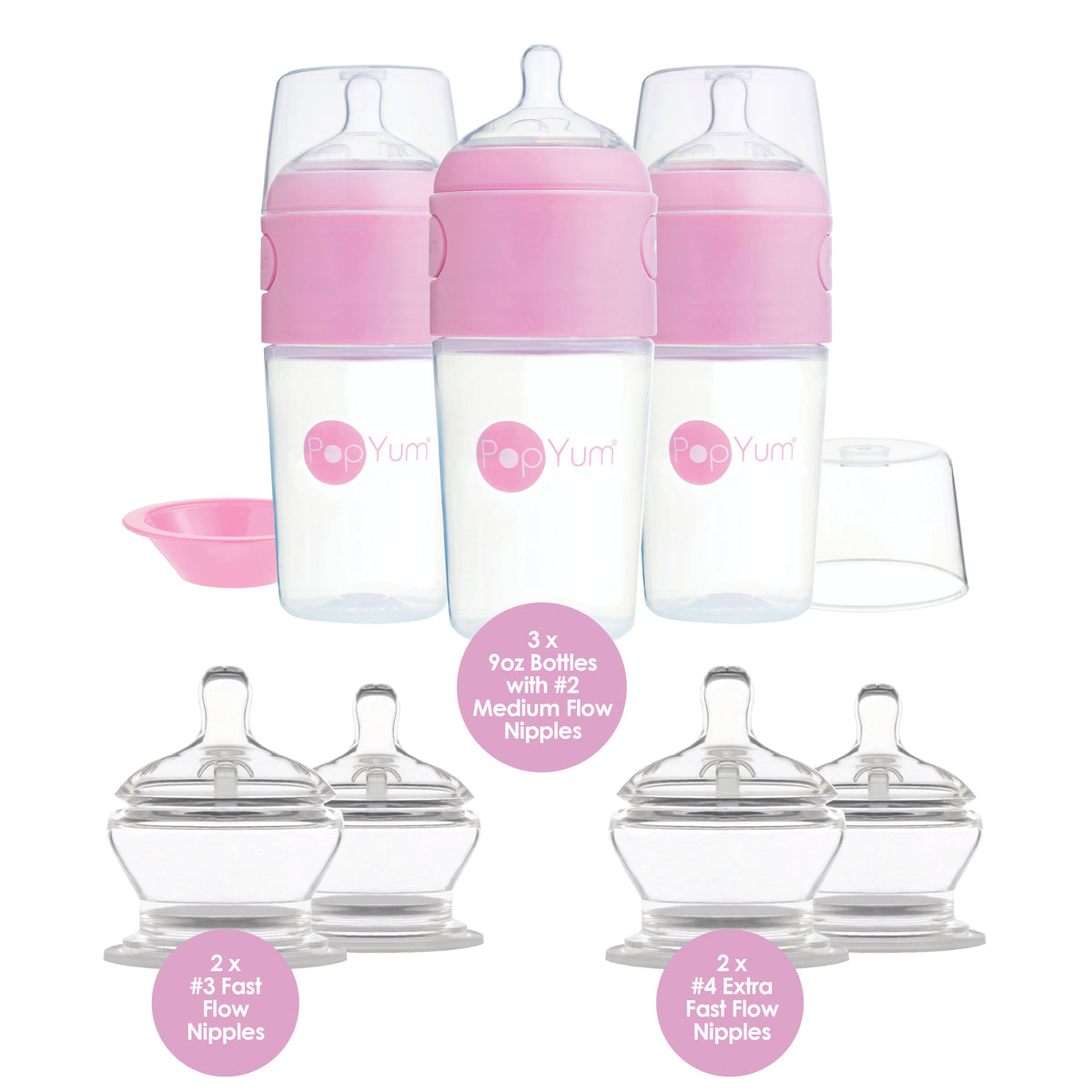 PopYum 7-Piece Baby Bottle Bundle – Pink 9oz 3-Pack + Stage 3 & 4 Nipples