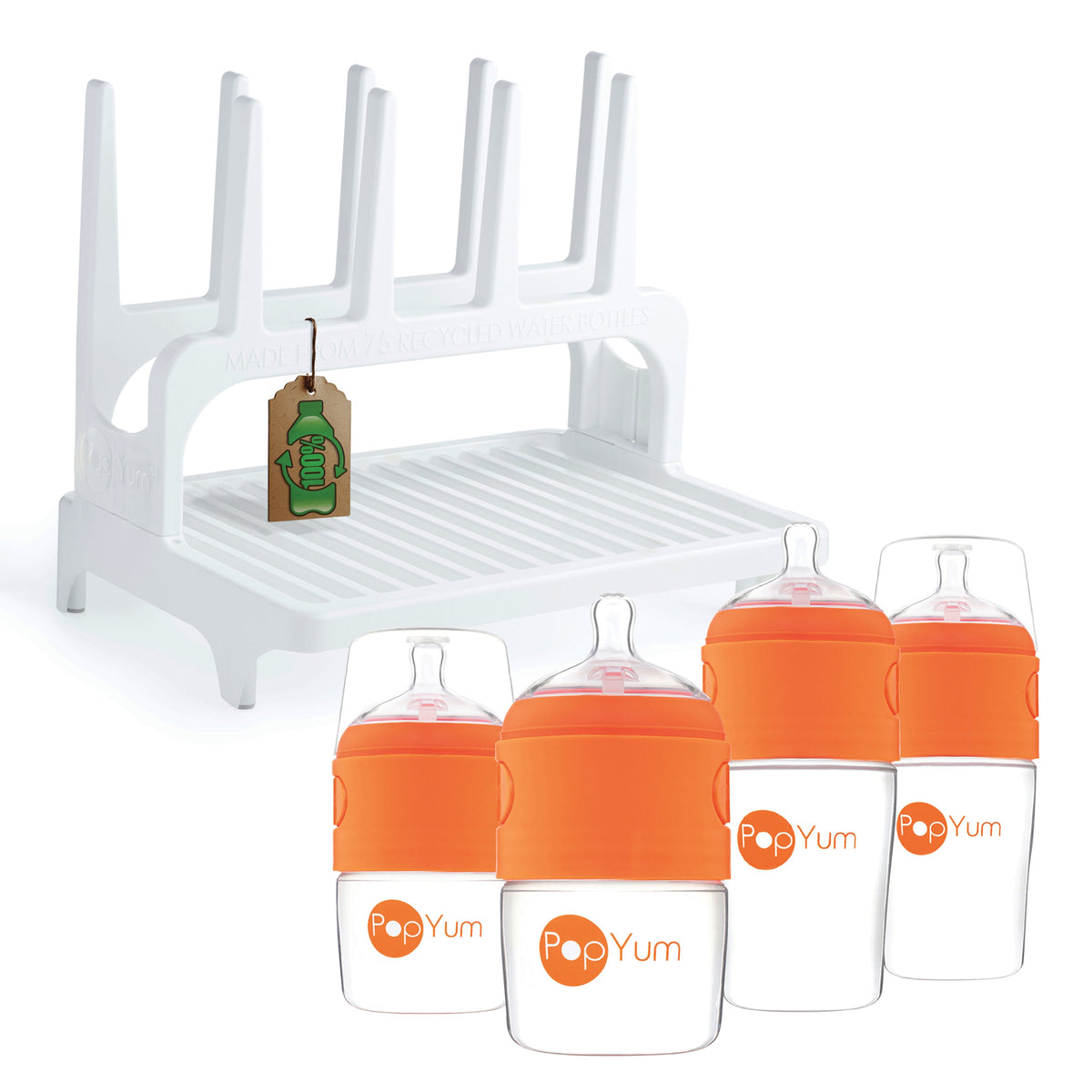 PopYum Baby Bottle 4-Pack Set with White Drying Rack – Orange (2 x 5oz + 2 x 9oz)