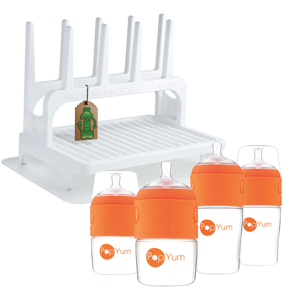 PopYum Baby Bottle 4-Pack Set with White Drying Rack & Silicone Mat – Orange (2 x 5oz + 2 x 9oz)