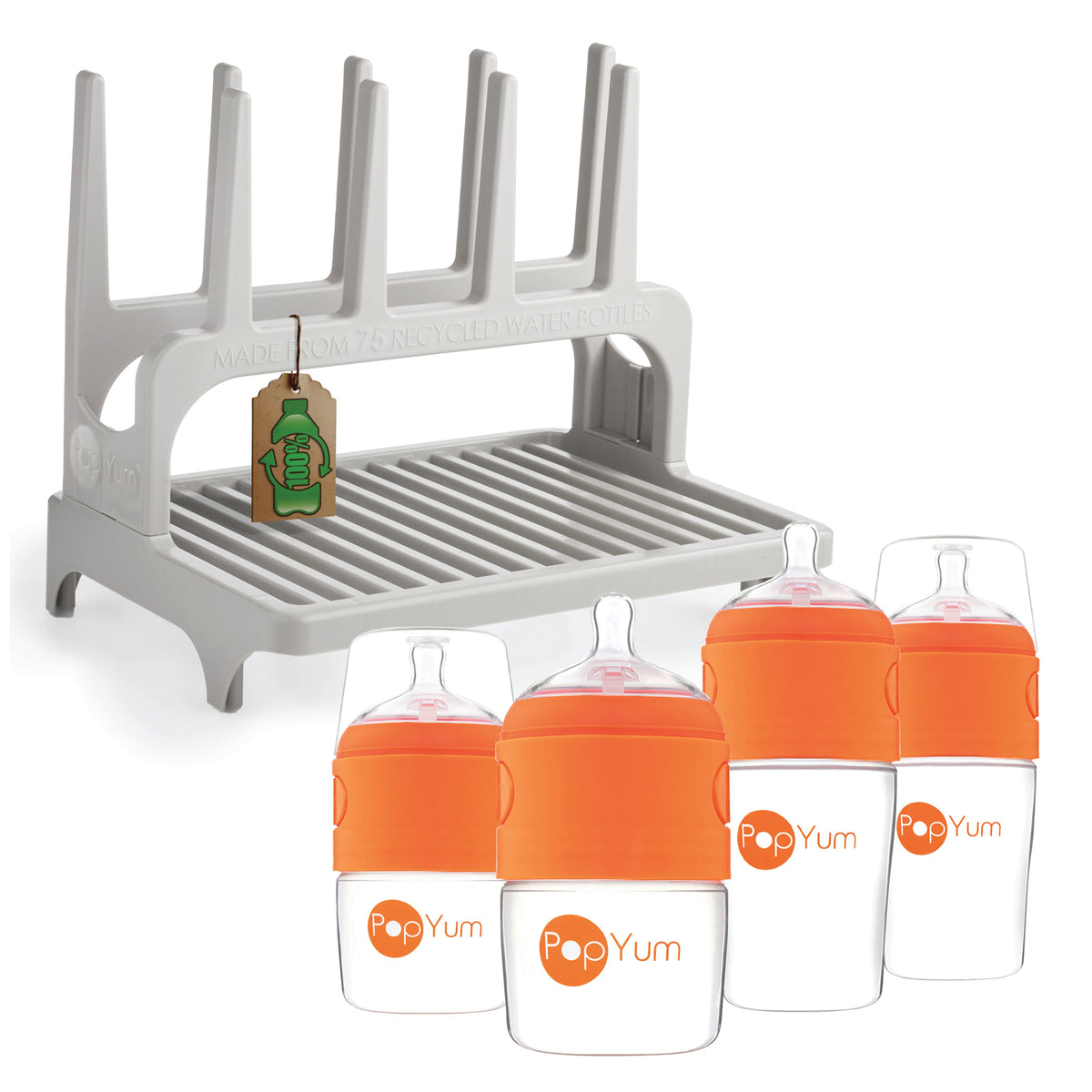 PopYum Baby Bottle 4-Pack Set with Gray Drying Rack – Orange (2 x 5oz + 2 x 9oz)