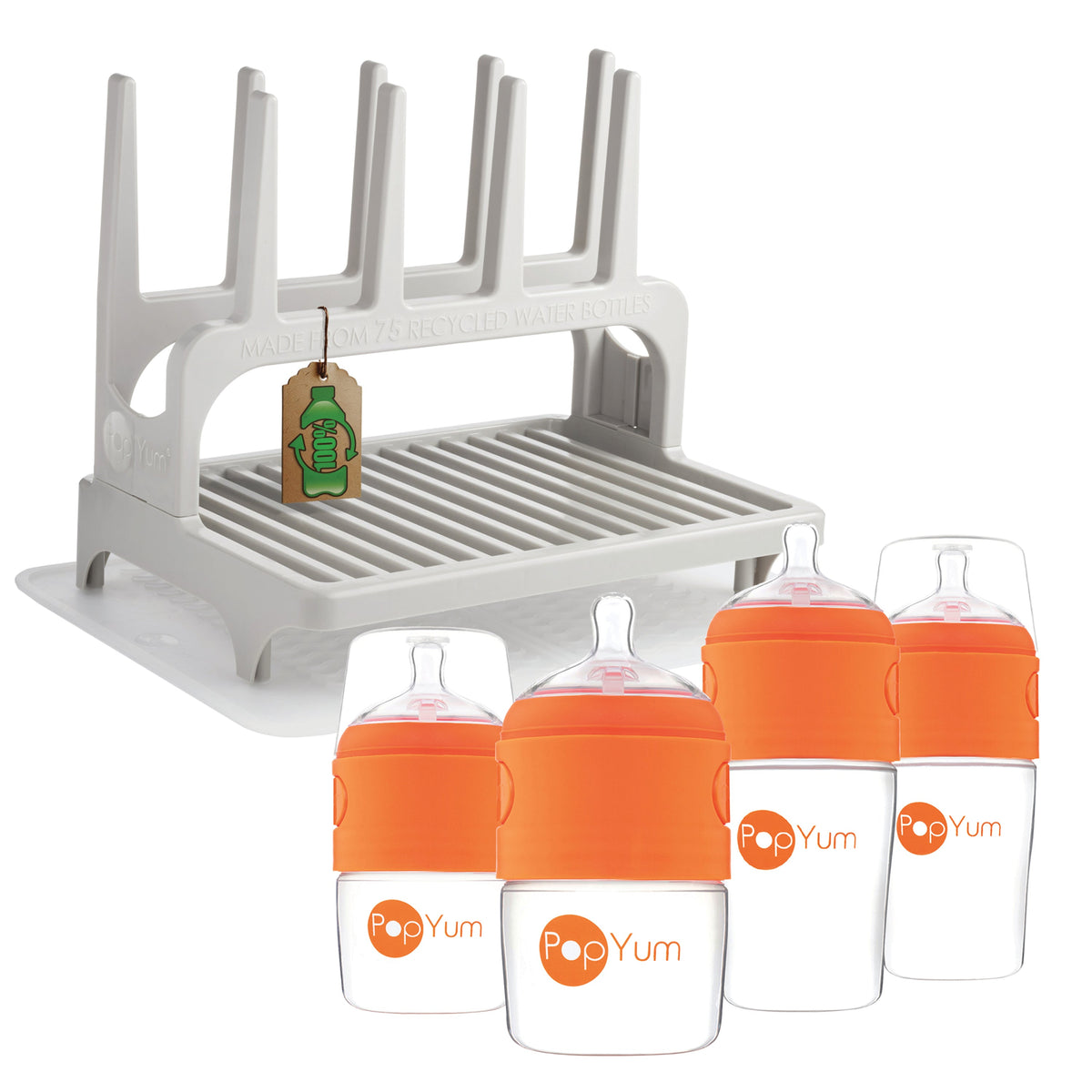 PopYum Baby Bottle 4-Pack Set with Gray Drying Rack & Silicone Mat – Orange (2 x 5oz + 2 x 9oz)