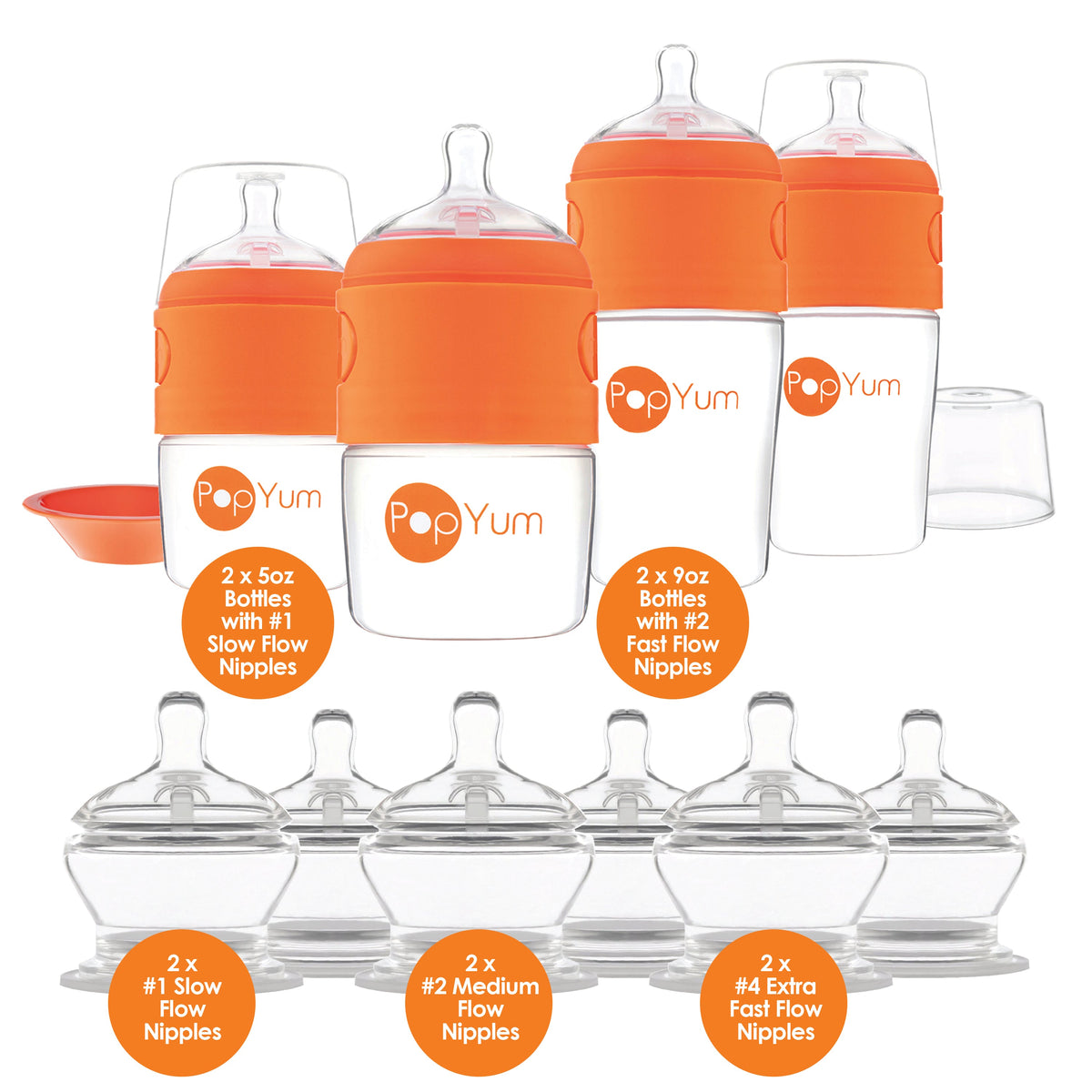 PopYum 10-Piece Baby Bottle Starter Bundle – Orange 4-Bottle Set + Stage 1, 2 & 3 Nipples