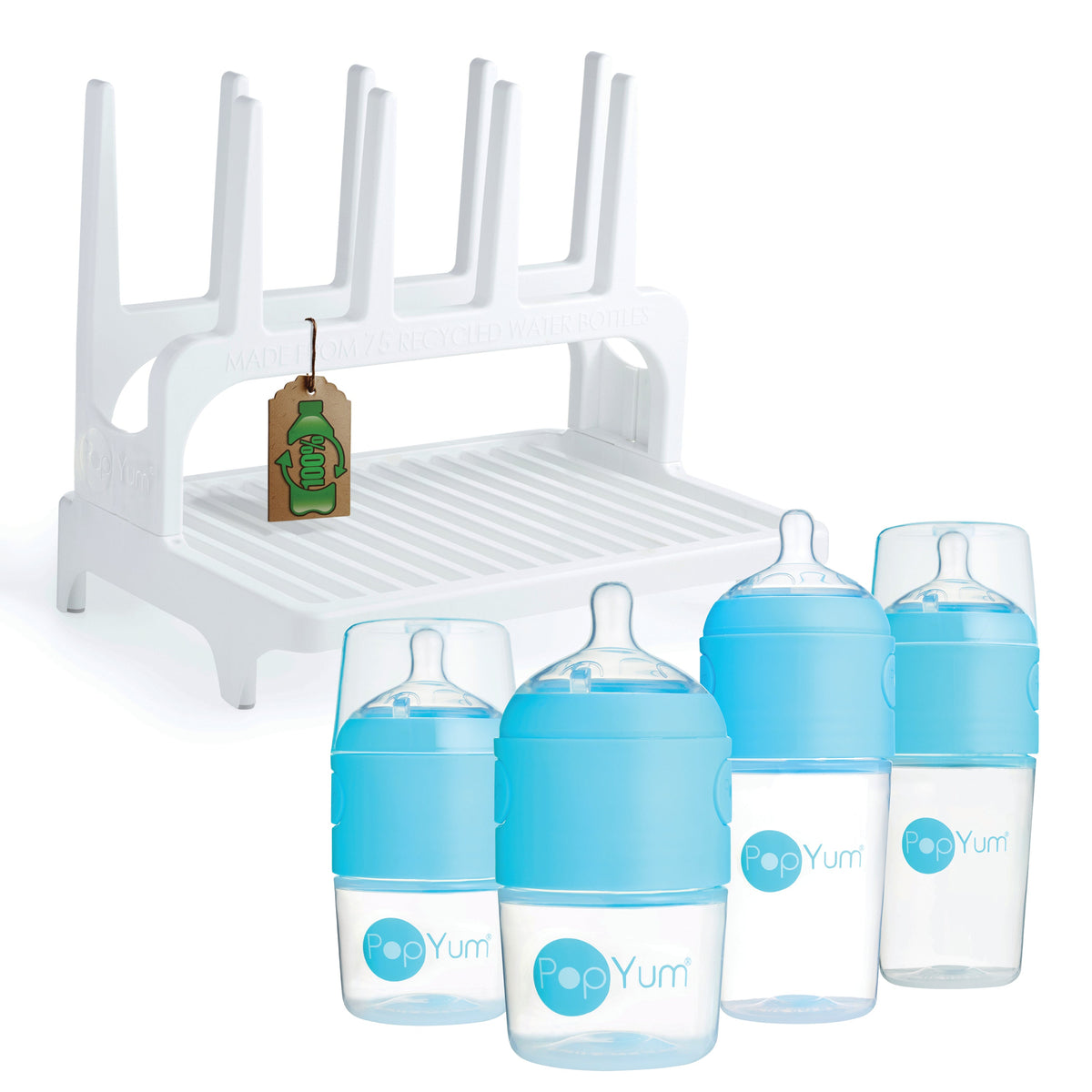 PopYum Baby Bottle 4-Pack Set with White Drying Rack – Blue (2 x 5oz + 2 x 9oz)