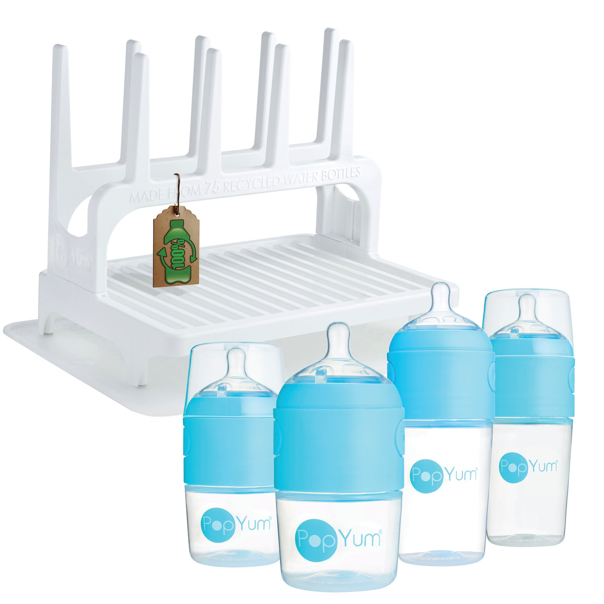 PopYum Baby Bottle 4-Pack Set with White Drying Rack & Silicone Mat – Blue (2 x 5oz + 2 x 9oz)