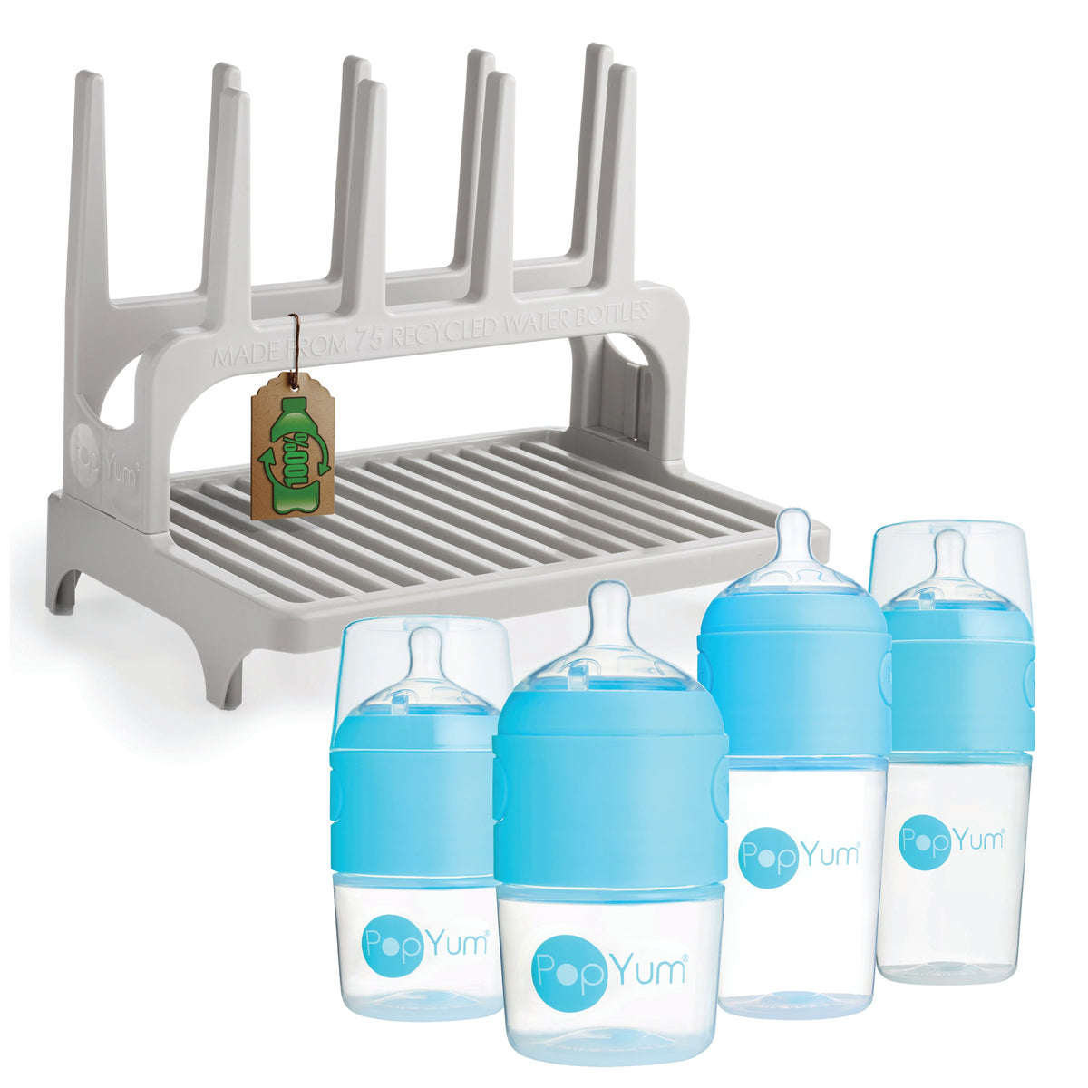 PopYum Baby Bottle 4-Pack Set with Gray Drying Rack – Blue (2 x 5oz + 2 x 9oz)