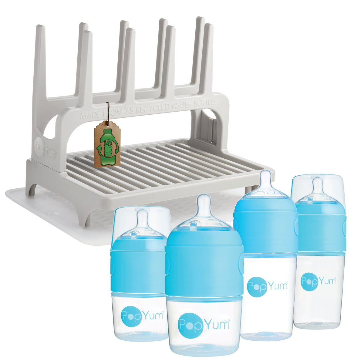 PopYum Baby Bottle 4-Pack Set with Gray Drying Rack & Silicone Mat – Blue (2 x 5oz + 2 x 9oz)