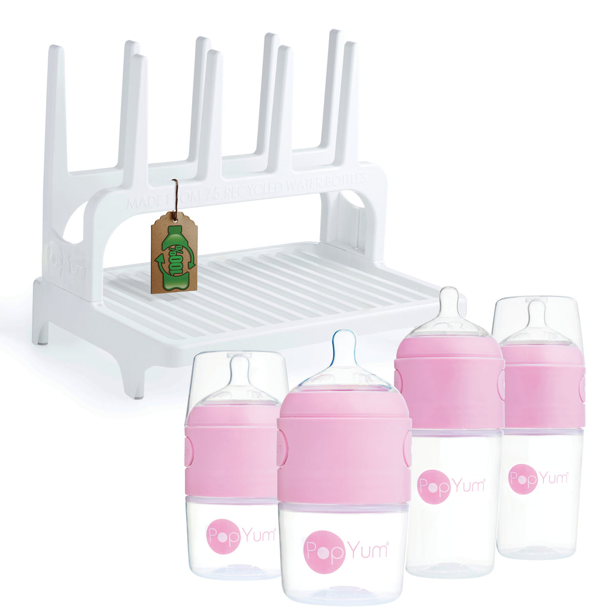 PopYum Baby Bottle 4-Pack Set with White Drying Rack – Pink (2 x 5oz + 2 x 9oz)