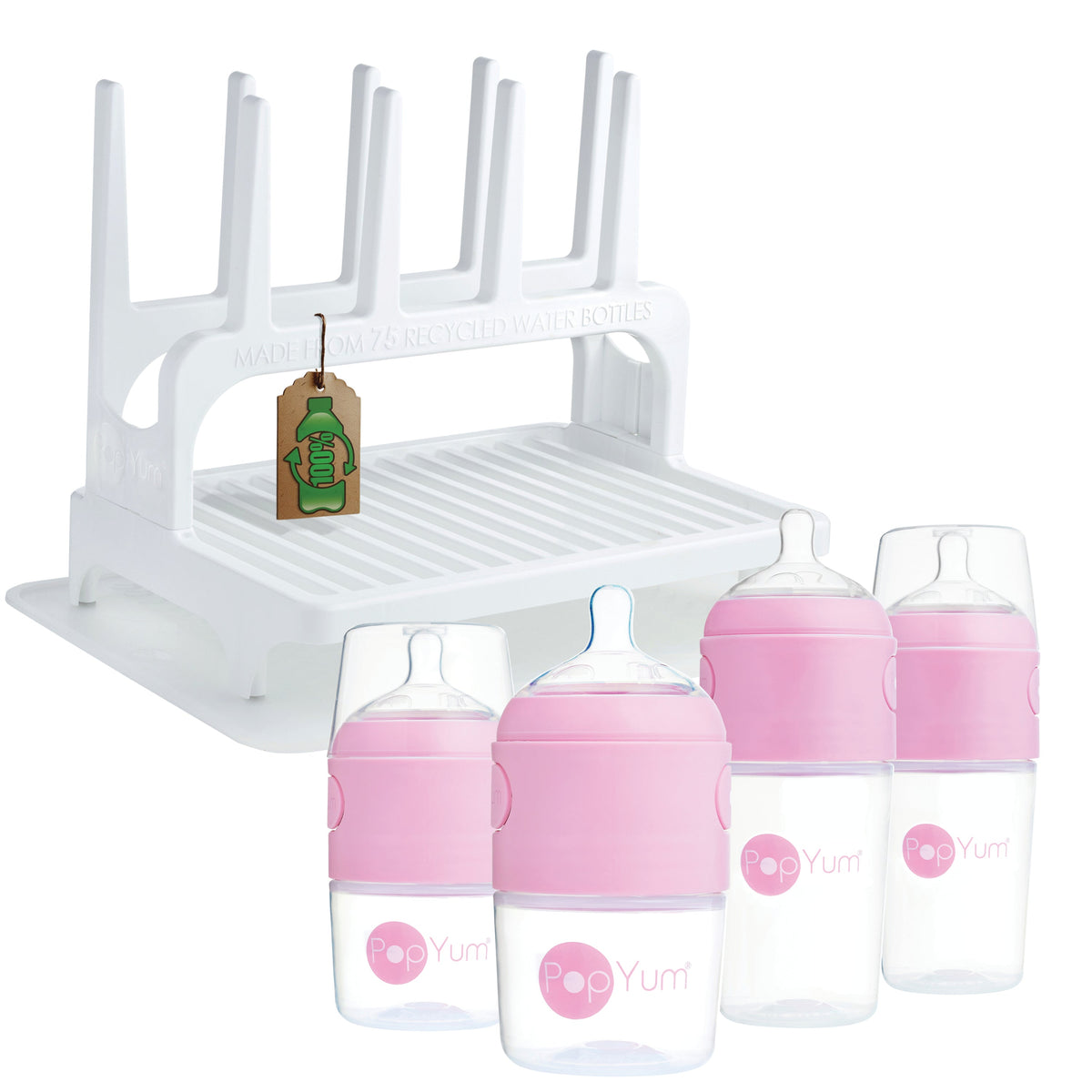 PopYum Baby Bottle 4-Pack Set with White Drying Rack & Silicone Mat – Pink (2 x 5oz + 2 x 9oz)