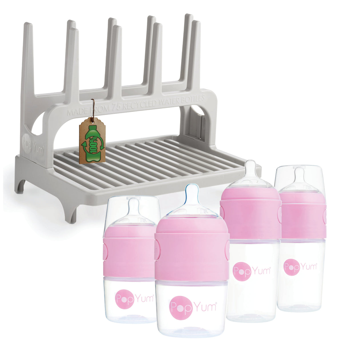 PopYum Baby Bottle 4-Pack Set with Gray Drying Rack – Pink (2 x 5oz + 2 x 9oz)