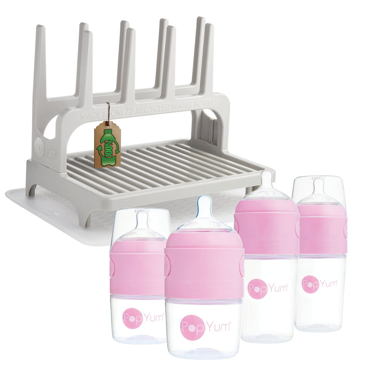 PopYum Baby Bottle 4-Pack Set with Gray Drying Rack & Silicone Mat – Pink (2 x 5oz + 2 x 9oz)