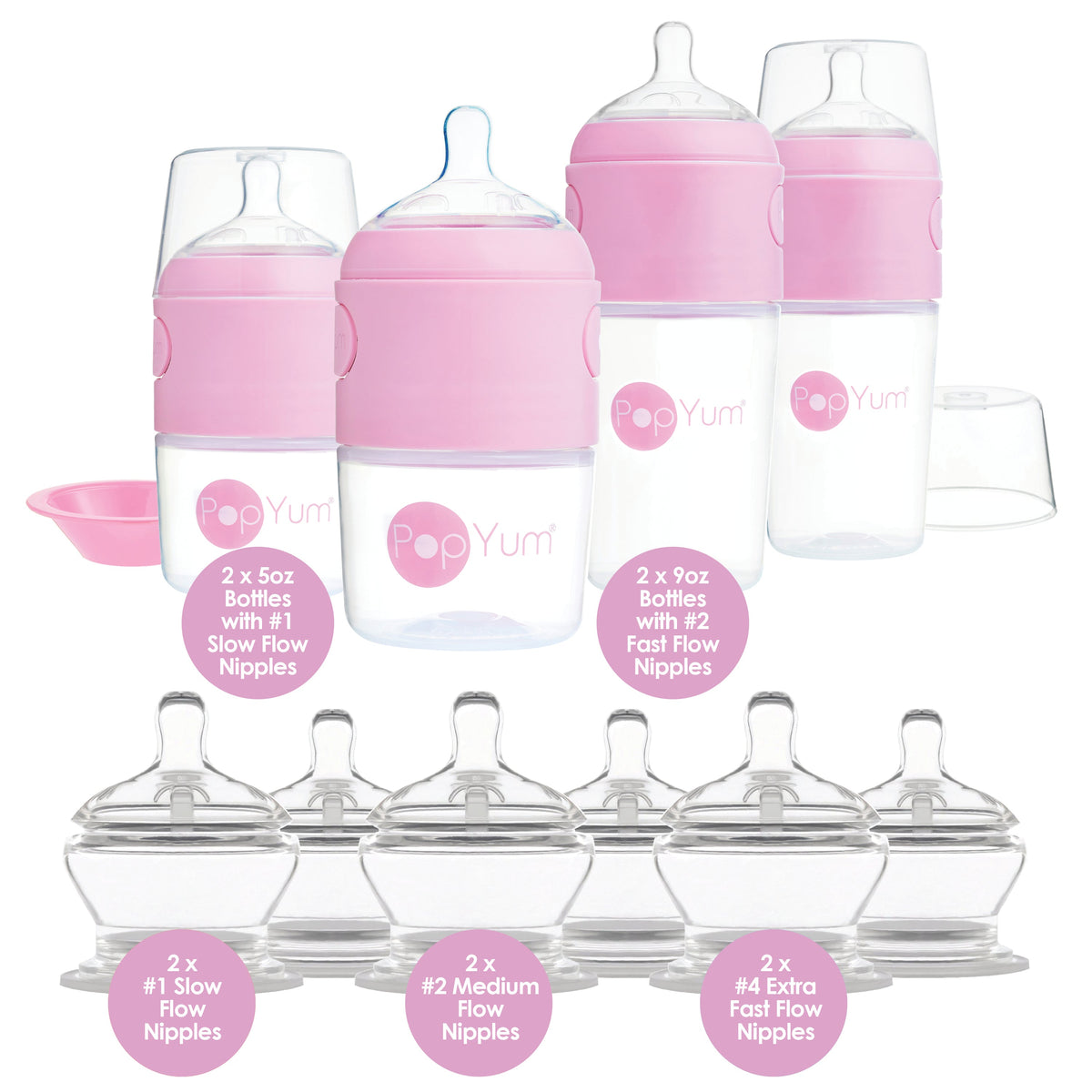 PopYum 10-Piece Baby Bottle Starter Bundle – Pink 4-Bottle Set + Stage 1, 2 & 3 Nipples
